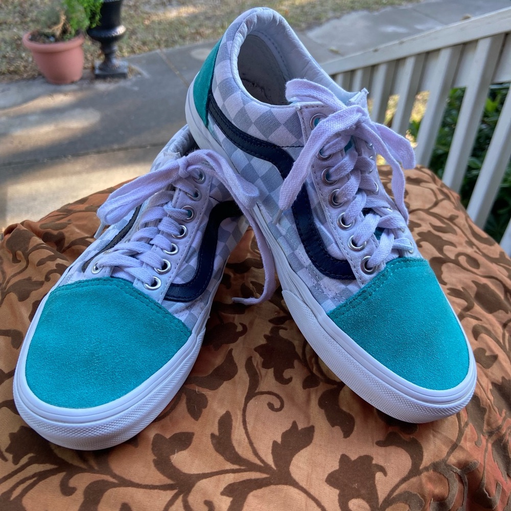 Vans Sneakers with blue and white checkerboard, teal and navy leather accents